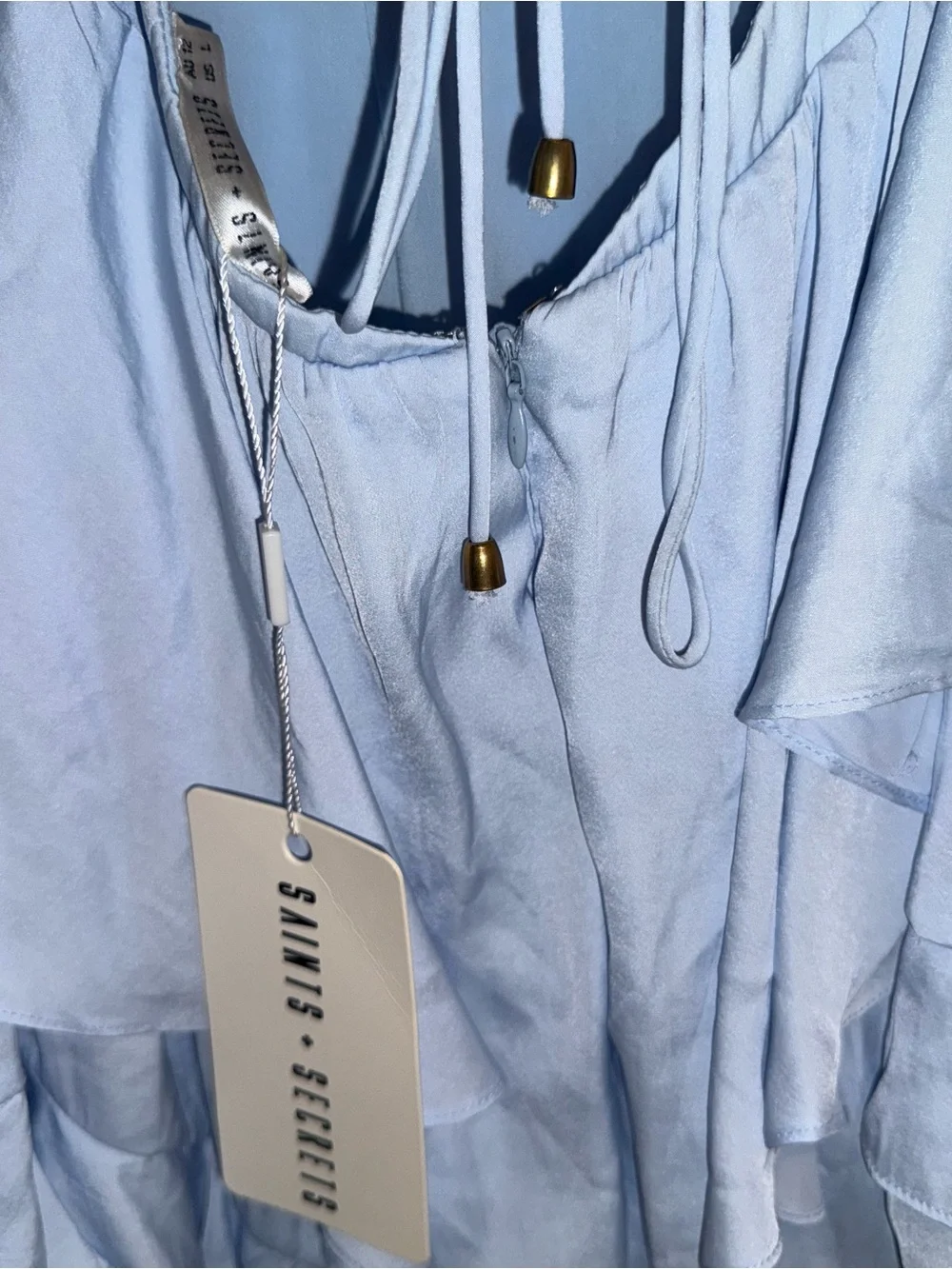 NWT SAINTS + SECRETS Powder Blue Ruffle Mini Dress with Drawstring - Picture 3 of 11